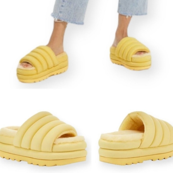 UGG BANANA YELLOW MAXI SHEEPSKIN PLATFORM Women SANDALS size8 new - Picture 7 of 8